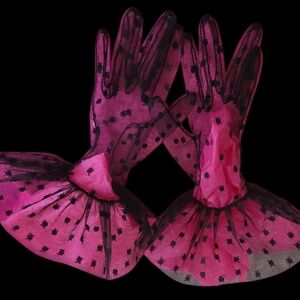 Vintage 1990s Sheer Black Polka Dot Tulle Gloves With Ruffled Cuffs
